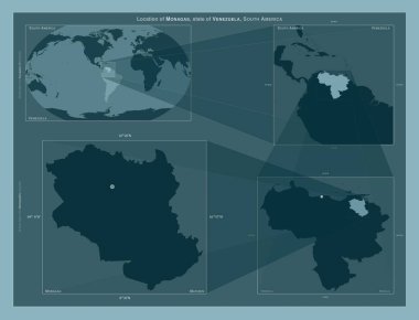 Monagas, Venezuela eyaleti. Büyük ölçekli haritalarda bölgenin yerini gösteren diyagram. Katı bir arkaplan üzerinde vektör çerçevelerinin ve PNG şekillerinin bileşimi