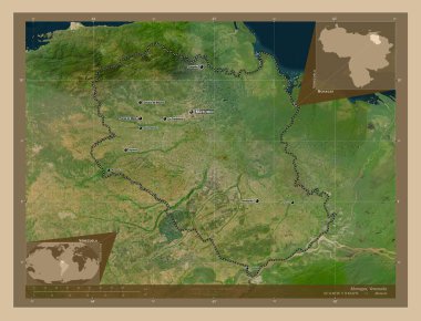 Monagas, Venezuela eyaleti. Düşük çözünürlüklü uydu. Bölgenin büyük şehirlerinin yerleri ve isimleri. Köşedeki yedek konum haritaları