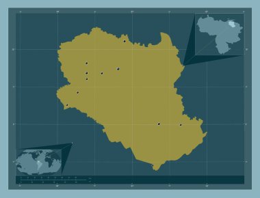 Monagas, Venezuela eyaleti. Katı renk şekli. Bölgenin büyük şehirlerinin yerleri. Köşedeki yedek konum haritaları