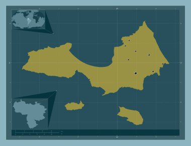 Nueva Esparta, Venezuela Eyaleti. Katı renk şekli. Bölgenin büyük şehirlerinin yerleri. Köşedeki yedek konum haritaları