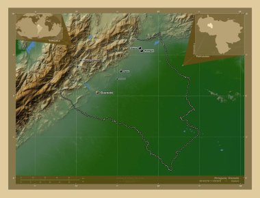 Portuguesa, Venezuela eyaleti. Gölleri ve nehirleri olan renkli yükseklik haritası. Bölgenin büyük şehirlerinin yerleri ve isimleri. Köşedeki yedek konum haritaları