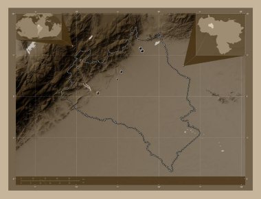 Portuguesa, Venezuela eyaleti. Yükseklik haritası sepya tonlarında göller ve nehirlerle renklendirilmiş. Bölgenin büyük şehirlerinin yerleri. Köşedeki yedek konum haritaları