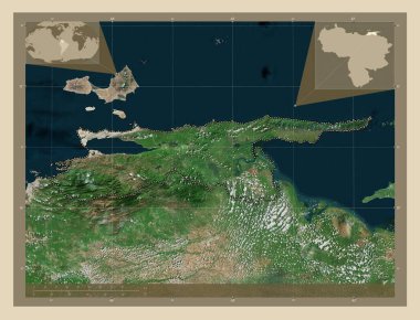 Sucre, Venezuela Eyaleti. Yüksek çözünürlüklü uydu. Köşedeki yedek konum haritaları