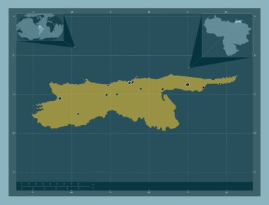 Sucre, Venezuela Eyaleti. Katı renk şekli. Bölgenin büyük şehirlerinin yerleri. Köşedeki yedek konum haritaları