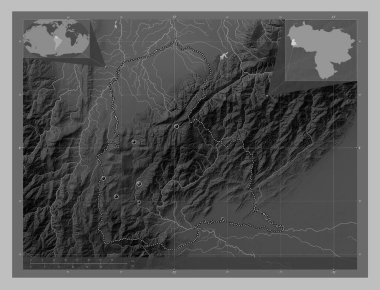 Tachira, Venezuela eyaleti. Gölleri ve nehirleri olan gri tonlama yükseklik haritası. Bölgenin büyük şehirlerinin yerleri. Köşedeki yedek konum haritaları