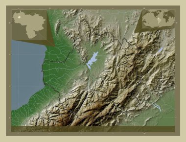 Trujillo, Venezuela eyaleti. Yükseklik haritası göller ve nehirlerle wiki tarzında renklendirilmiş. Köşedeki yedek konum haritaları