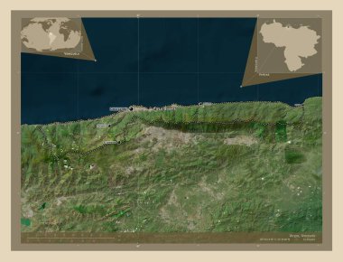 Vargas, Venezuela eyaleti. Yüksek çözünürlüklü uydu. Bölgenin büyük şehirlerinin yerleri ve isimleri. Köşedeki yedek konum haritaları