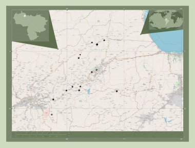 Yaracuy, Venezuela Eyaleti. Açık Sokak Haritası. Bölgenin büyük şehirlerinin yerleri. Köşedeki yedek konum haritaları