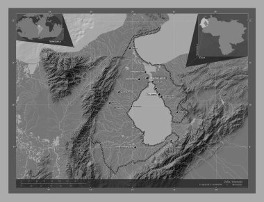Zulia, Venezuela Eyaleti. Göllü ve nehirli çift katlı yükseklik haritası. Bölgenin büyük şehirlerinin yerleri ve isimleri. Köşedeki yedek konum haritaları