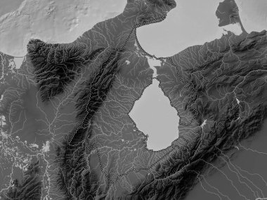 Zulia, Venezuela Eyaleti. Gölleri ve nehirleri olan gri tonlama yükseklik haritası