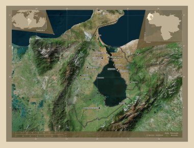 Zulia, Venezuela Eyaleti. Yüksek çözünürlüklü uydu. Bölgenin büyük şehirlerinin yerleri ve isimleri. Köşedeki yedek konum haritaları