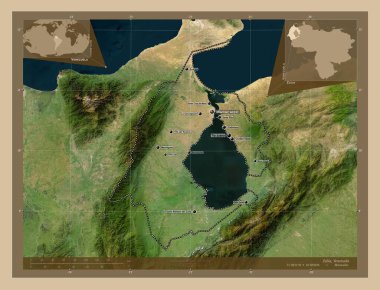 Zulia, Venezuela Eyaleti. Düşük çözünürlüklü uydu. Bölgenin büyük şehirlerinin yerleri ve isimleri. Köşedeki yedek konum haritaları