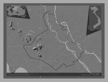 Bir Giang, Vietnam vilayeti. Göllü ve nehirli çift katlı yükseklik haritası. Bölgenin büyük şehirlerinin yerleri ve isimleri. Köşedeki yedek konum haritaları