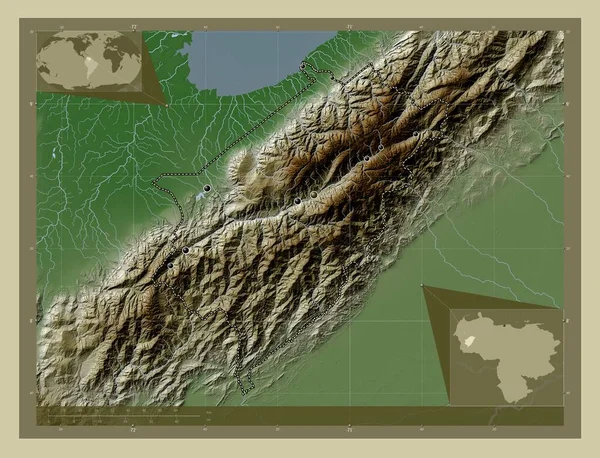 委内瑞拉梅里达州用Wiki风格绘制的带有湖泊和河流的高程地图 该区域主要城市的所在地点 角辅助位置图 — 图库照片