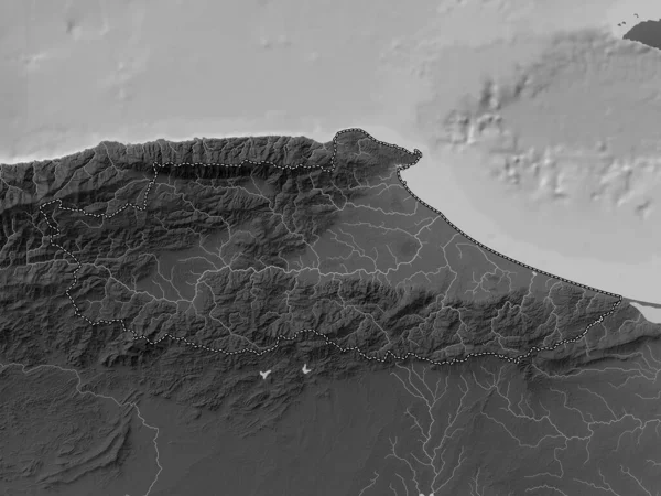 Miranda, Venezuela Eyaleti. Gölleri ve nehirleri olan gri tonlama yükseklik haritası