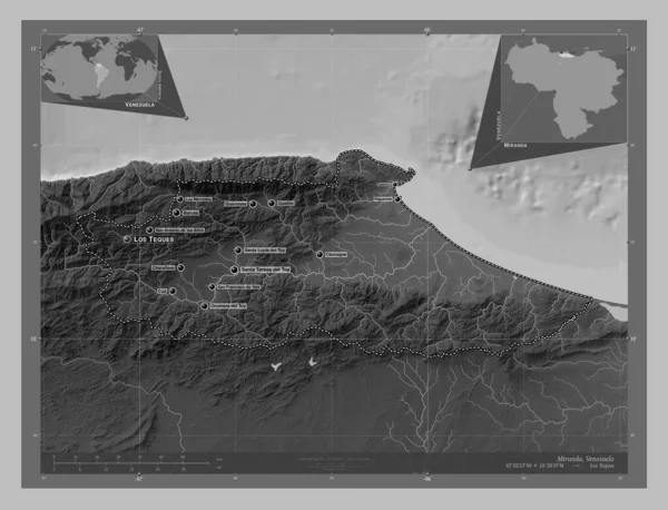 Miranda State Venezuela Grayscale Elevation Map Lakes Rivers Locations Names — Stock Photo, Image