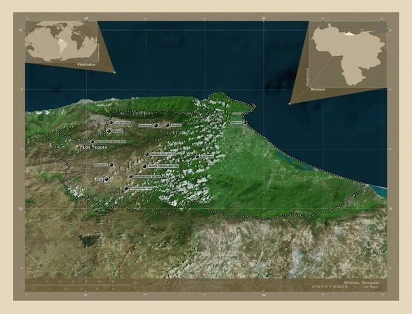 委内瑞拉的米兰达高分辨率卫星地图 该区域主要城市的地点和名称 角辅助位置图 — 图库照片