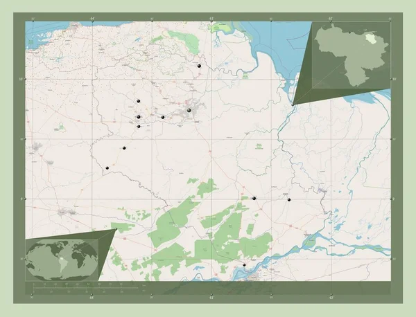 Monagas, Venezuela eyaleti. Açık Sokak Haritası. Bölgenin büyük şehirlerinin yerleri. Köşedeki yedek konum haritaları