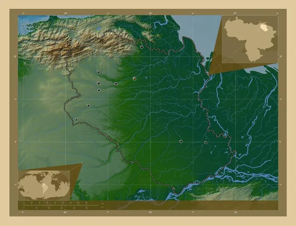 Monagas Stan Wenezuela Kolorowa Mapa Wzniesień Jeziorami Rzekami Lokalizacje Dużych — Zdjęcie stockowe