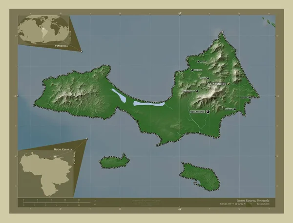 Nueva Esparta 委内瑞拉 用Wiki风格绘制的带有湖泊和河流的高程地图 该区域主要城市的地点和名称 角辅助位置图 — 图库照片
