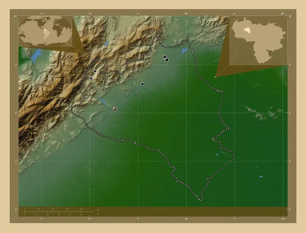 Portuguesa Stan Wenezuela Kolorowa Mapa Wzniesień Jeziorami Rzekami Lokalizacje Dużych — Zdjęcie stockowe
