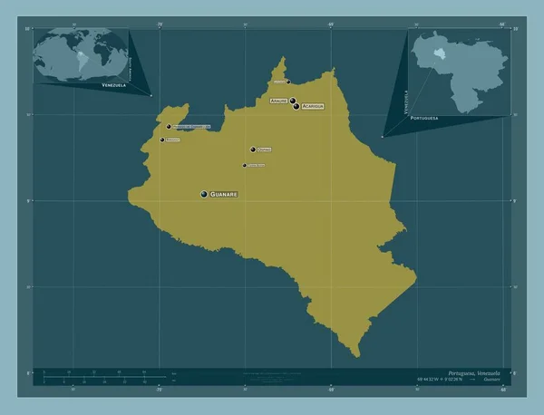 ポルトガル ベネズエラの状態 しっかりした色の形 地域の主要都市の位置と名前 コーナー補助位置図 — ストック写真