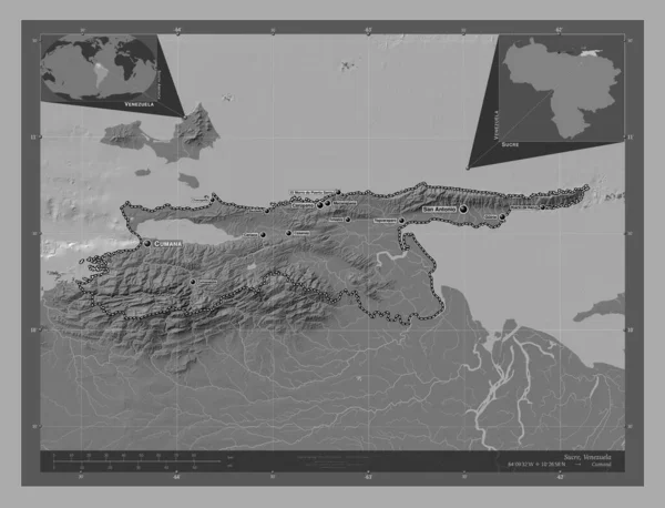 Sucre State Venezuela Bilevel Elevation Map Lakes Rivers Locations Names — Stock Photo, Image