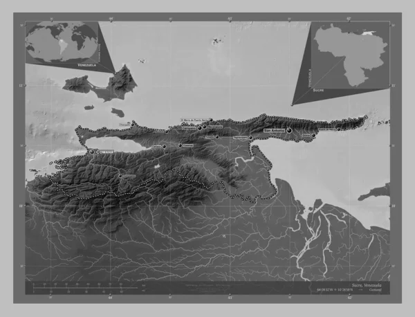 Sucre Venezuela Grayscale Höjdkarta Med Sjöar Och Floder Platser Och — Stockfoto