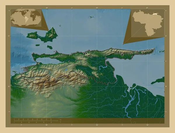 苏克雷 委内瑞拉国 有湖泊和河流的彩色高程图 该区域主要城市的所在地点 角辅助位置图 — 图库照片