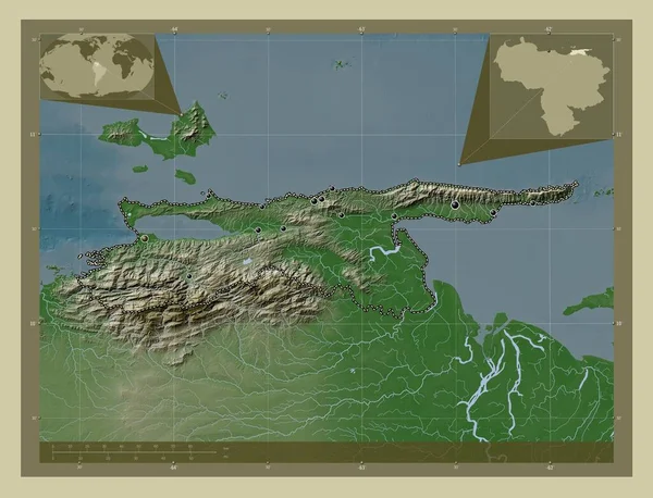 苏克雷 委内瑞拉国 用Wiki风格绘制的带有湖泊和河流的高程地图 该区域主要城市的所在地点 角辅助位置图 — 图库照片