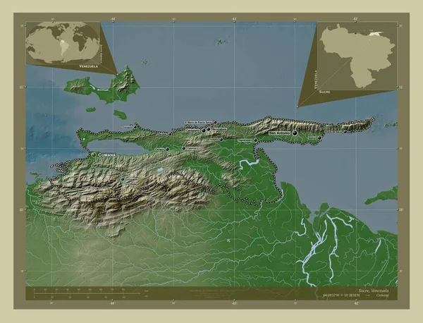 苏克雷 委内瑞拉国 用Wiki风格绘制的带有湖泊和河流的高程地图 该区域主要城市的地点和名称 角辅助位置图 — 图库照片