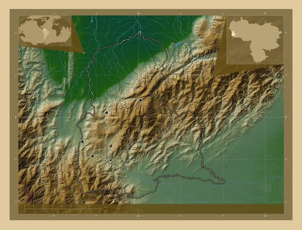 Tachira Stan Wenezuela Kolorowa Mapa Wzniesień Jeziorami Rzekami Lokalizacje Dużych — Zdjęcie stockowe