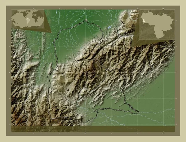 委内瑞拉塔奇拉州用Wiki风格绘制的带有湖泊和河流的高程地图 角辅助位置图 — 图库照片