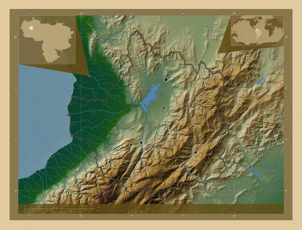 Trujillo Stan Wenezuela Kolorowa Mapa Wzniesień Jeziorami Rzekami Lokalizacje Dużych — Zdjęcie stockowe