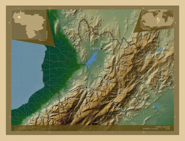 Trujillo Stan Wenezuela Kolorowa Mapa Wzniesień Jeziorami Rzekami Lokalizacje Nazwy — Zdjęcie stockowe