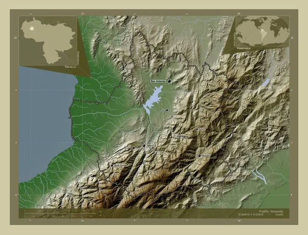 Trujillo Stan Wenezuela Mapa Wzniesień Kolorowa Stylu Wiki Jeziorami Rzekami — Zdjęcie stockowe