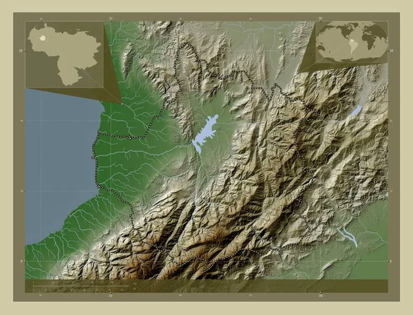特鲁希略 委内瑞拉 用Wiki风格绘制的带有湖泊和河流的高程地图 角辅助位置图 — 图库照片