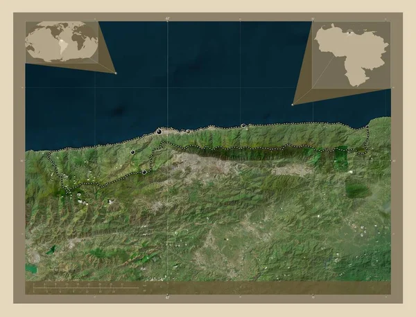 巴尔加斯 委内瑞拉 高分辨率卫星地图 该区域主要城市的所在地点 角辅助位置图 — 图库照片