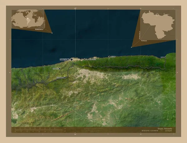 バルガス ベネズエラの状態 低解像度衛星地図 地域の主要都市の位置と名前 コーナー補助位置図 — ストック写真