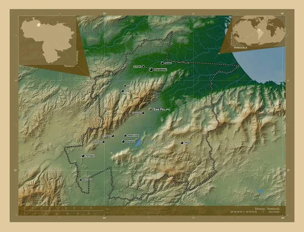 Yaracuy 委内瑞拉国 有湖泊和河流的彩色高程图 该区域主要城市的地点和名称 角辅助位置图 — 图库照片