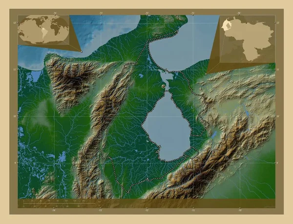 Зулия Штат Венесуэла Цветная Карта Высоты Озерами Реками Вспомогательные Карты — стоковое фото