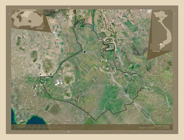 ベトナムの省 ジャン 高解像度衛星地図 地域の主要都市の位置と名前 コーナー補助位置図 — ストック写真