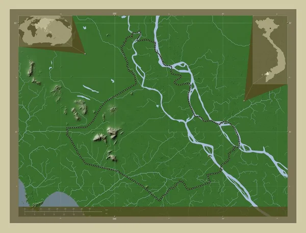 用Wiki风格绘制的带有湖泊和河流的高程地图 角辅助位置图 — 图库照片