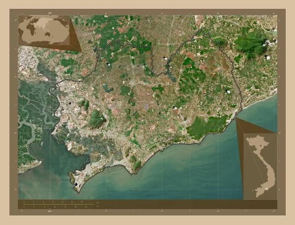 Ria ベトナムの省Vung Tau 低解像度衛星地図 地域の主要都市の場所 コーナー補助位置図 — ストック写真