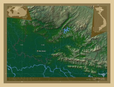 Bac Giang, Vietnam vilayeti. Gölleri ve nehirleri olan renkli yükseklik haritası. Bölgenin büyük şehirlerinin yerleri ve isimleri. Köşedeki yedek konum haritaları