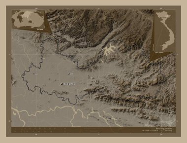 Bac Giang, Vietnam vilayeti. Yükseklik haritası sepya tonlarında göller ve nehirlerle renklendirilmiş. Bölgenin büyük şehirlerinin yerleri ve isimleri. Köşedeki yedek konum haritaları