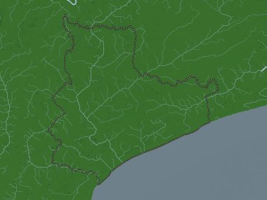 Bac Lieu, Vietnam vilayeti. Yükseklik haritası göller ve nehirlerle wiki stilinde renklendirilmiştir