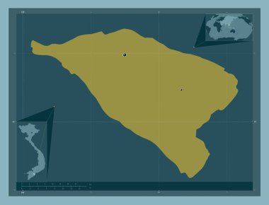 Ben Tre, Vietnam vilayeti. Katı renk şekli. Bölgenin büyük şehirlerinin yerleri. Köşedeki yedek konum haritaları