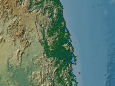 Binh Inh, Vietnam vilayeti. Gölleri ve nehirleri olan renkli yükseklik haritası