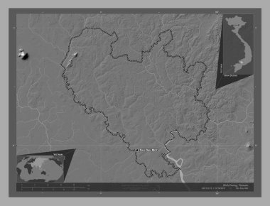 Binh Duong, Vietnam vilayeti. Göllü ve nehirli çift katlı yükseklik haritası. Bölgenin büyük şehirlerinin yerleri ve isimleri. Köşedeki yedek konum haritaları